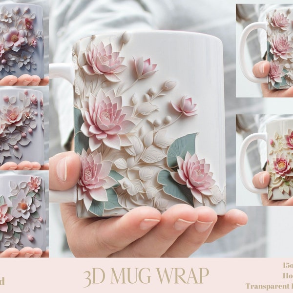 3D Blush Pink Water Lilies Mug Wrap, Florals 11oz & 15oz Mug Bundle Sublimation Wrap, Instant Digital Download, PNG Template