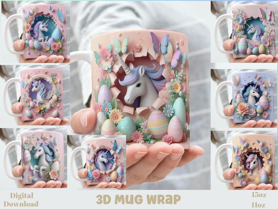 3D Unicorn Easter Mug Wrap: 11oz & 15oz Sublimation Design (Digital Download)
