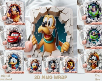 3D Effect Boys Classic Cartoons Character Mug Wrap, 11 oz & 15 oz Mug Bundle Sublimation Wrap, Instant Digital Download, PNG Template