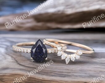 Peervorm blauwe zandsteen bloemen verlovingsring set, unieke zwarte gouden sterrenhemel Galaxy blauwe zandsteen belofte ring, gotische bloem ring cadeau