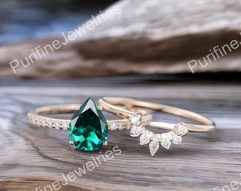 Pear Shaped Emerald Ring Set Nature Inspired Engagement Ring Leaf Vine Ring Set Unique Branch Solitaire Ring Women Wedding Anniversary Gifts