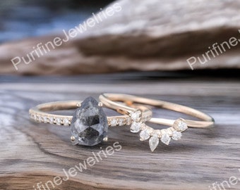 Pear black rutilated quartz engagement ring set vintage opal ring solid rose gold unique diamond ring wedding bridal set anniversary gift