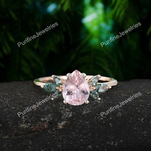 Anello di fidanzamento con morganite a forma di pera vintage Anello di fidanzamento in oro rosa unico Anello a grappolo di agata taglio marquise anello annuale delicato da sposa