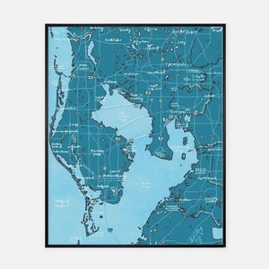 Impression d'art dessinée à la main de carte de Tampa Bay, Floride ; Poster d'art mural pour le salon, la salle à manger, la salle de bain, les chambres à coucher, les dortoirs, l'entrée ; Littoral/tropical/voyage