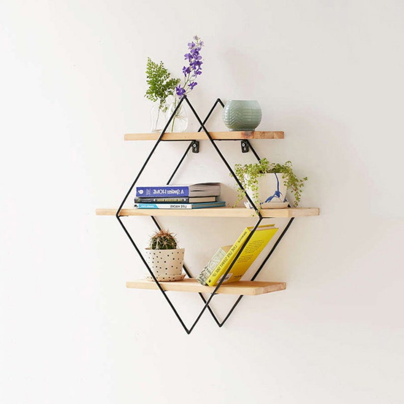 Minimalist Diamond Wall BookshelfRustic Iron&Wooden image 1