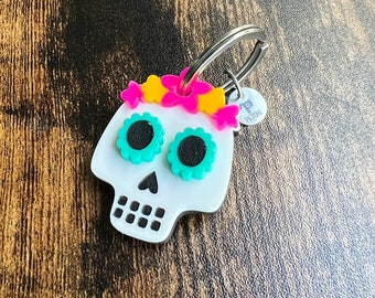 Personalized Mexican Catrina Pet ID Tag | Custom Handmade Pet Charm | Día de los Muertos Alternative Cool KeyRing |  Flower Skull Keychain