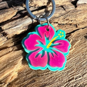 Personalized Hawaiian Flower Pet ID Tag | Custom Handmade Pet Charm | Cayenne Flower | ADHD/Autism-Friendly Tag | Alternative Cool KeyRing