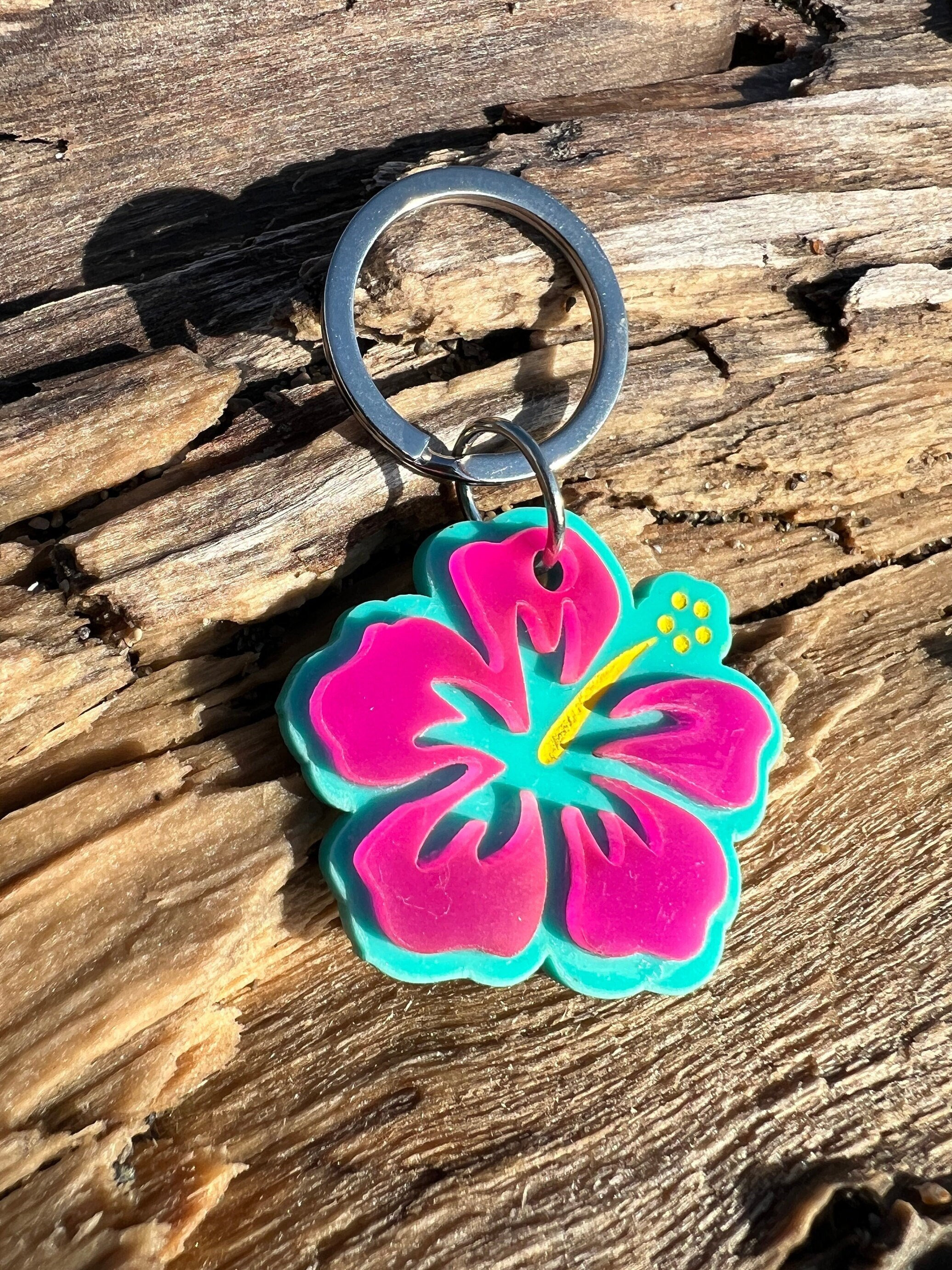 Personalized Hawaiian Flower Pet ID Tag | Custom Handmade Pet Charm | Cayenne Flower | Alternative Cool KeyRing | Tropical Flower Keychain