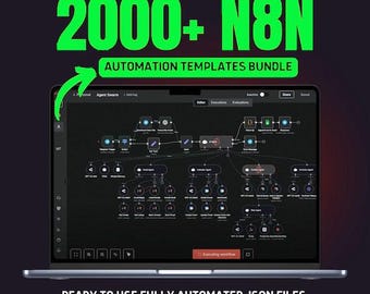 Könnte beinhalten: Ein Laptop zeigt ein Workflow-Diagramm mit dem Text "2000+ N8N AUTOMATION TEMPLATES BUNDLE." Der Bildschirm zeigt ein komplexes Netzwerk aus miteinander verbundenen Knoten und Linien. Darunter steht "READY TO USE FULLY AUTOMATED JSON FILES."