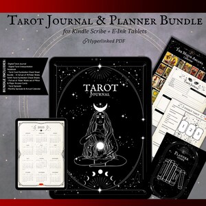 Könnte beinhalten: Ein digitales Planer-Bundle für Kindle Scribe und E-Ink-Tablets mit einem Tarot-Journal mit schwarzem Hintergrund und einer weißen Illustration einer meditierenden Frau mit einer Sichelmond über ihrem Kopf. Das Bundle enthält ein Tarot-Kartensymbolismus-Spickzettel, ein vollständiges Set von 78 Rider Waite Smith Tarot-Karten, ein vollständiges Set von kleinen und großen Arkana-Karten, Tarot-Spreads, monatliche Spreads und einen Jahreskalender.