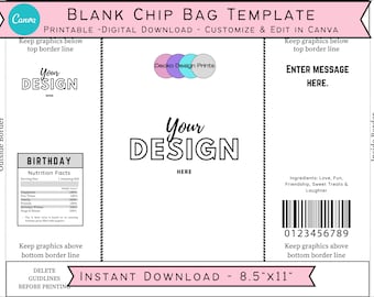 May include: Printable blank chip bag template for customising and editing in Canva. The template is 8.5 inches by 11 inches and includes a space for a design, a message, and a barcode. The template also includes a nutrition facts section and a space for ingredients.