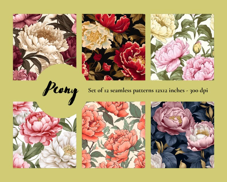 Peony Digital Paper Seamless Patterns in PNG Format for Scrapbooking ...