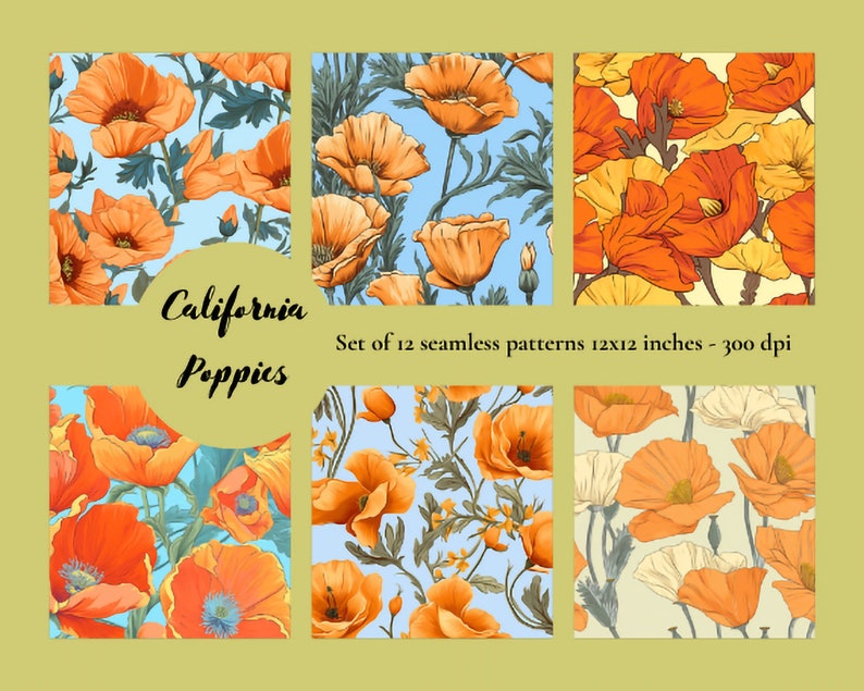 California Poppies Digital Paper Seamless Poppy Patterns in PNG Format ...