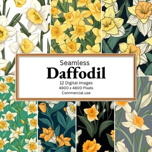 May include: A set of 12 digital seamless patterns featuring yellow and white daffodils on various backgrounds. The patterns are 4800 x 4800 pixels and are for commercial use.