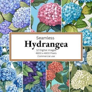May include: A digital collage of 12 seamless patterns featuring hydrangeas in various colors, including blue, pink, purple, and green. The text "Seamless Hydrangea" is displayed in a gold frame, along with the details "12 Digital Images, 4800 x 4800 Pixels, Commercial Use."