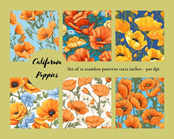 California Poppies Digital Paper Seamless Poppy Patterns in PNG Format ...