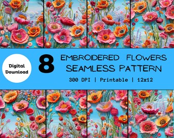 Pode incluir: Um download digital de 8 padrões sem costura com flores bordadas em um fundo azul. O texto "Embroidered Flowers Seamless Pattern" é exibido no centro da imagem. O texto "300 DPI | Printable | 12x12" é exibido abaixo do título.