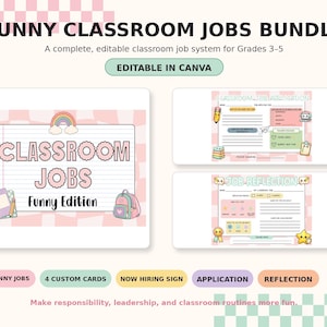 May include: A digital classroom jobs bundle featuring a title page with a rainbow and backpack, a job application form, and a job reflection sheet. The design uses a pink and white checkered background with pastel accents and text including FUNNY CLASSROOM JOBS BUNDLE, EDITABLE IN CANVA, CLASSROOM JOB APPLICATION, and JOB REFLECTION.