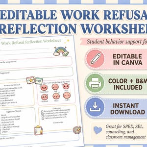 Puede incluir: Una hoja de trabajo editable de reflexión sobre la negativa a trabajar para estudiantes, con secciones para detalles de tareas, razones, sentimientos, apoyos ofrecidos y resultados, incluyendo iconos y texto explicativo.