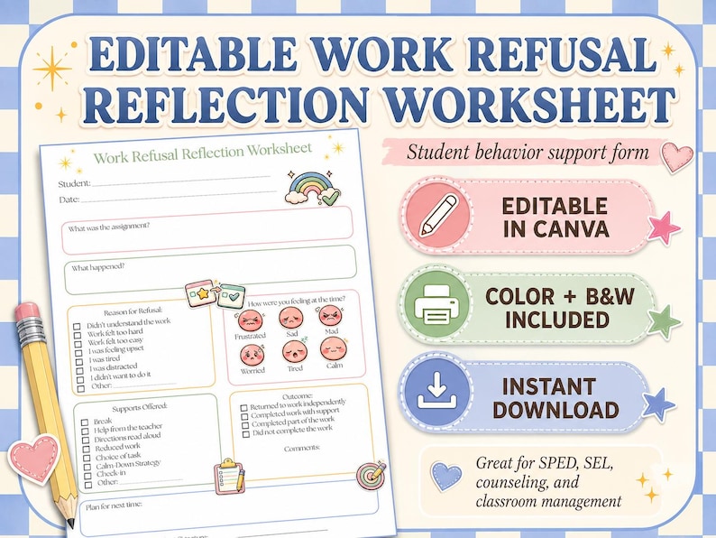 Op de afbeelding: Een bewerkbaar werkblad voor reflectie op werkweigering voor leerlingen met secties voor opdrachtdetails, redenen voor weigering, gevoelens, geboden ondersteuning en uitkomsten, inclusief diverse iconen en bijbehorende tekst.