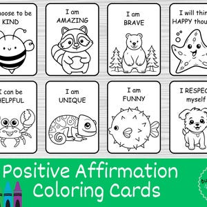 Tarjetas para colorear con afirmaciones para niños, 48 tarjetas imprimibles de positividad con temática animal, mindfulness para niños, tarjetas de ánimo