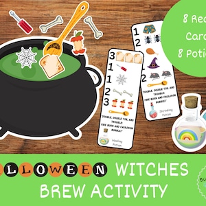 Pozione della strega di Halloween: gioco di ricette per creare pozioni per bambini, attività di ritaglio a tema festivo e gioco di ruolo.