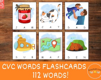 CVC Words Flashcards: Kindergarten Reading Phonics, 112 Words English Language (Digital Download)