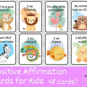 Children's Positivity Cards Animal Themed 48 Printable Kids Affirmation Cards Motivating Quotes Mindfulness for Kids Encouragement Cards