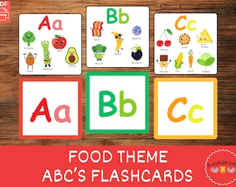 Tarjetas didácticas del alfabeto con temática de comida: Tarjetas imprimibles del abecedario para la educación en casa (descarga digital)
