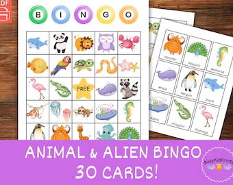 Animal & Alien Silly Bingo Game: 30 Different Printable Cards for Kids (Digital Download)
