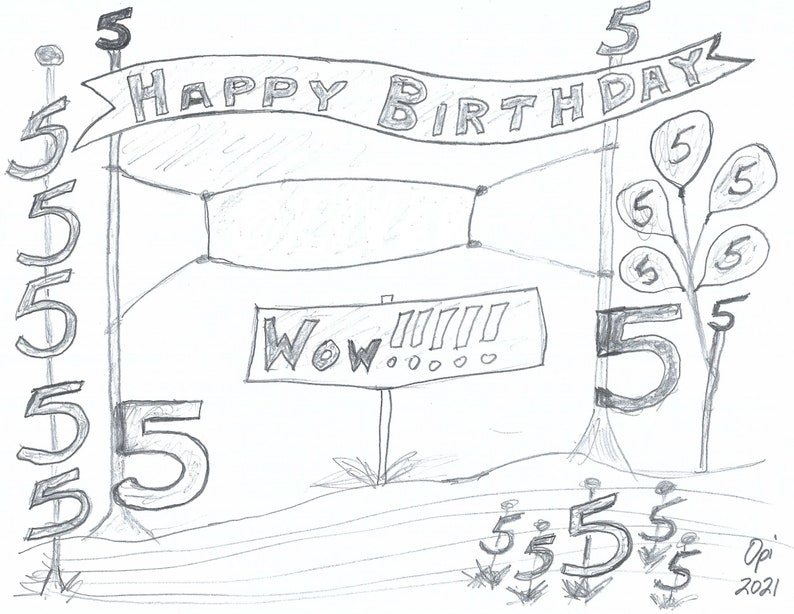 Pencil Drawing of 5yearold Birthday Ready for Downloading and