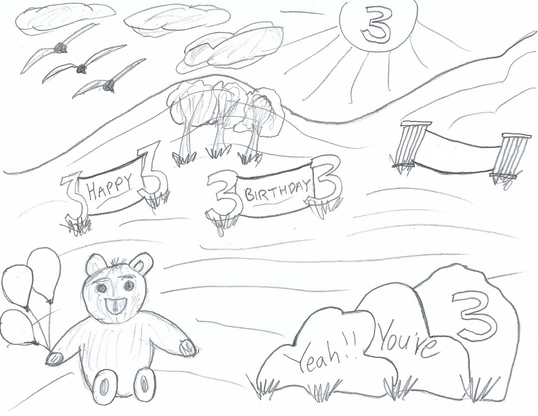 Pencil Drawing Of 3 year old Birthday Ready For Downloading And 