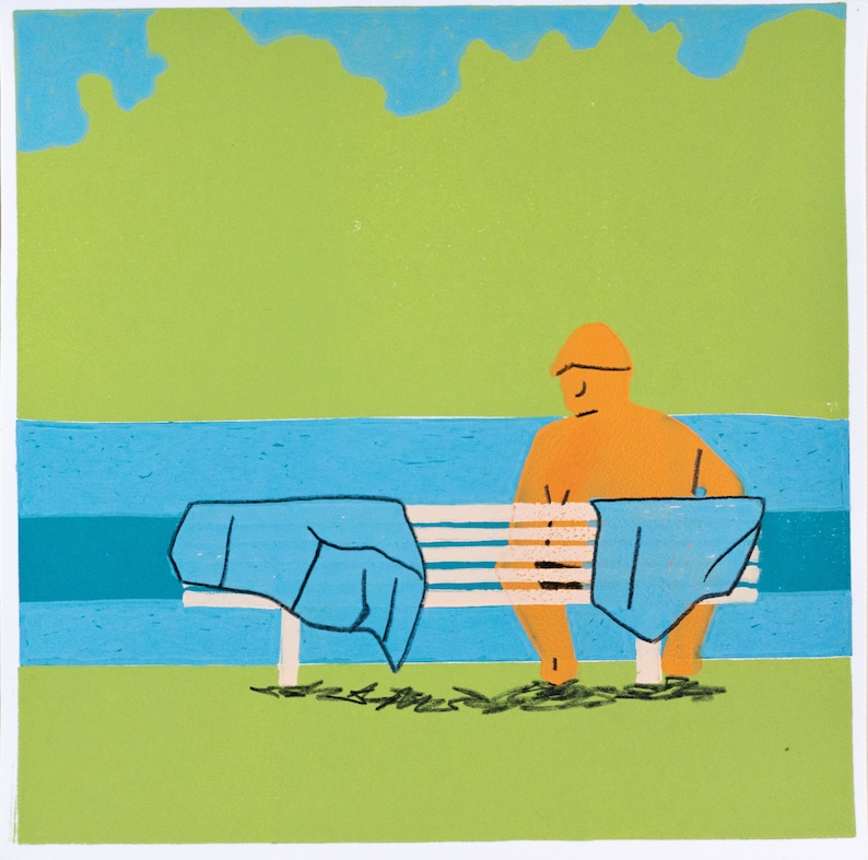 3 Color lino print and drawing Schwanseebad 01 At the Pool 01 Summer Original Artwork pool image 1