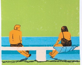 3 Color lino print and drawing | "Schwanseebad 02" | At the Pool 02 | Summer | Original | Artwork | pool