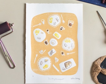 lino print + Drawing | "Sunday" | Breakfast | Original | Food Art