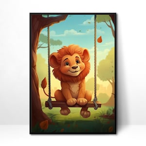 Póster imprimible de león en columpio, póster para habitación infantil, decoración de pared para habitación infantil, arte de pared para guardería, impresión A3