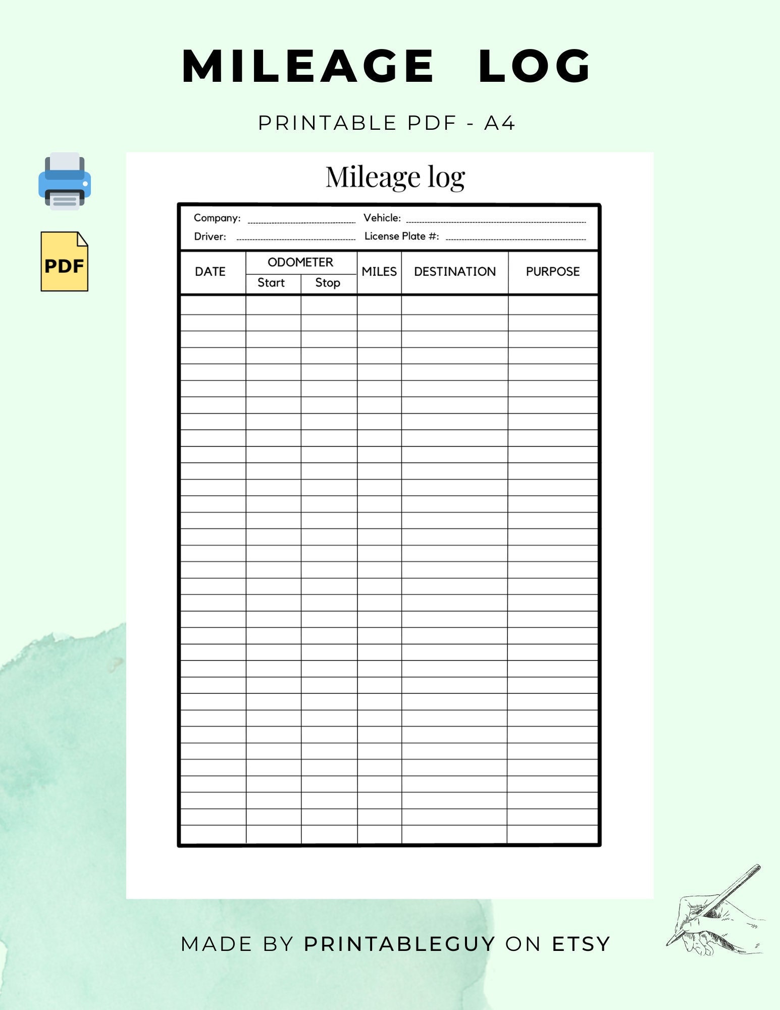 Printable Mileage Log Gig Work Business Mileage Log Daily Etsy