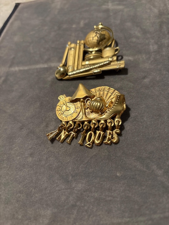 Vintage AJC Antiques and Teacher Globe Themed Brooches Pins
