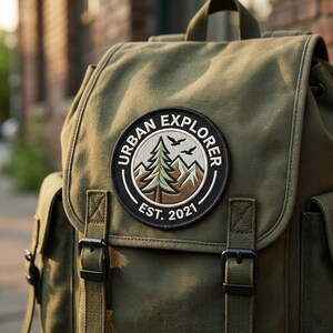 May include: An olive green canvas backpack featuring a circular embroidered patch on the front flap. The patch displays a pine tree, mountains, and birds with the text "URBAN EXPLORER" and "EST. 2021" in a black and white circular border.