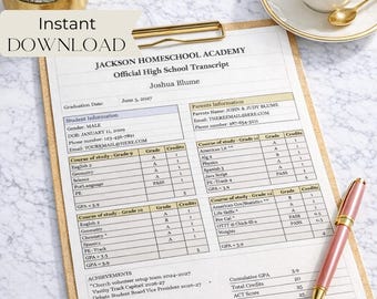 Plantilla imprimible de expediente académico de secundaria para educación en casa, expediente académico editable de graduación, formulario de educación en casa, expediente académico minimalista en PDF