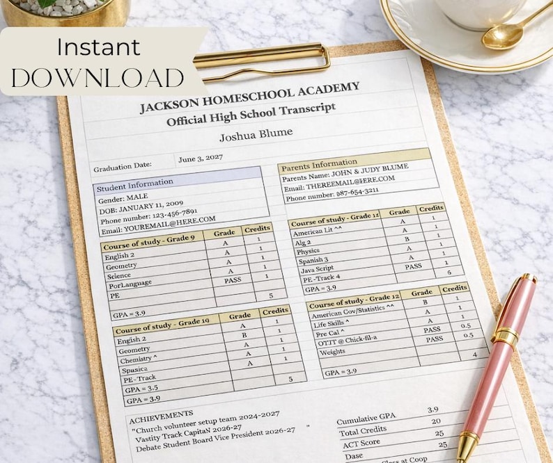 Homeschool High School Transcript Template Printable