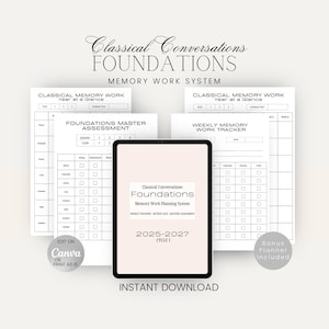 Può includere: Planner digitale con il testo "Classical Conversations Foundations Memory Work System" e "2025-2027 Cycle 1." Include tracker settimanali e annuali e una valutazione master. Download istantaneo.