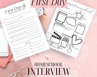 Hoja de trabajo imprimible para el primer día de educación en casa, hoja de actividades de recuerdo del primer día, educación en casa, regreso a clases, entrevista imprimible para niños