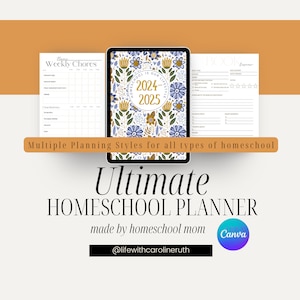 May include: A digital planner with a floral design and the text "Homeschool is our lifestyle 2024-2025". The planner includes sections for weekly chores, book logs, and other homeschool planning.