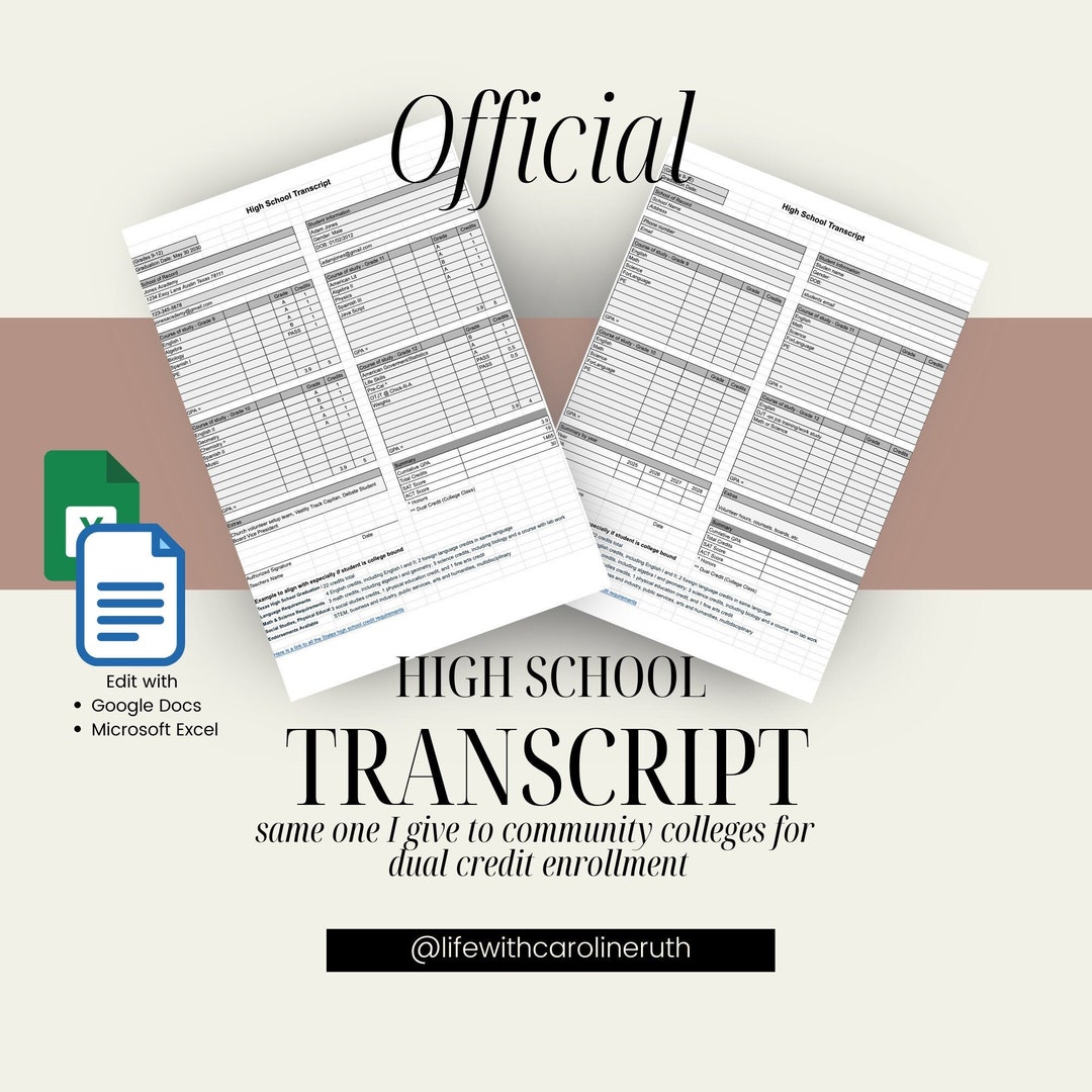 High School Transcript, Homeschool Transcript, School Record, Printable ...