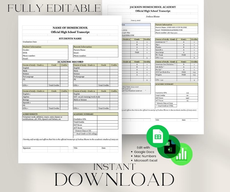 Graduation editable homeschool form