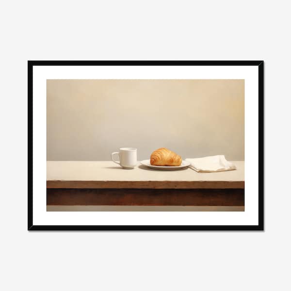 Morning Serenity: ein Minimalistisches Croissant & Kaffee Frühstück, auf einem Tisch, Fine Art Print | Stillleben | Französische Malerei | Original Kunstwerk