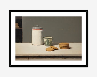 Biscuit Delights: an Minimalist Biscuits and Tin on a Kitchen Table, Fine Art Print | Still Life | French style painting | Original Artwork