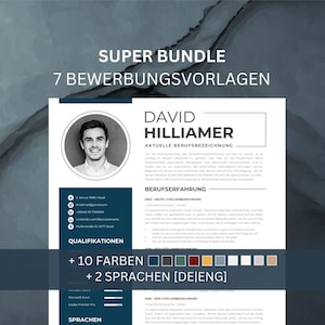 Könnte beinhalten: Eine Lebenslaufvorlage mit weißem Hintergrund und blauer Kopfzeile. Die Kopfzeile lautet "Super Bundle 7 Bewerbungsvorlagen". Der Lebenslauf ist für David Hilliamer. Der Lebenslauf enthält ein Foto von David, seine Kontaktinformationen, eine Zusammenfassung seiner Qualifikationen und eine Liste seiner Berufserfahrungen. Der Lebenslauf enthält auch einen Abschnitt für Fähigkeiten und Sprachen. Der Lebenslauf ist in 10 Farben und 2 Sprachen verfügbar.