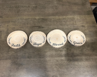 Faith Hope Grace Blessed Coasters: Rustic Wood Slice Christian Decor